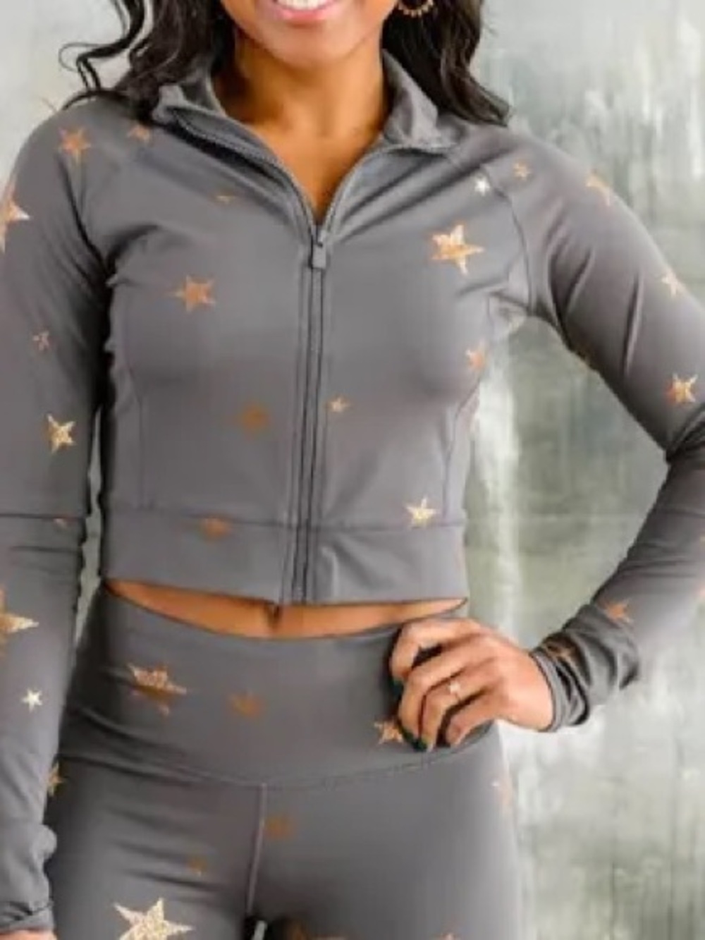 Mono B Gray Cropped Zip Jacket with Gold Star Print